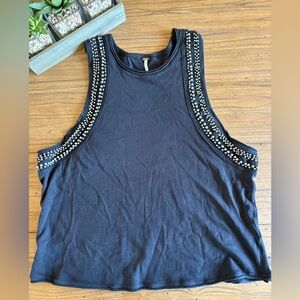 NWOT!! FP Movement Free People Woman’s Black Cotton Tank Top With Beaded Accents